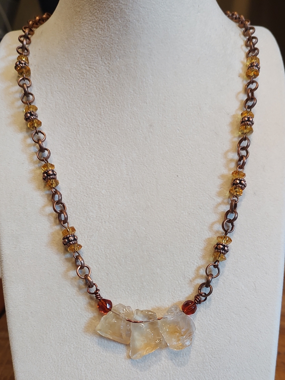 Citrine Rough Stone Pendant & Beaded Copper Necklace 19 Inches